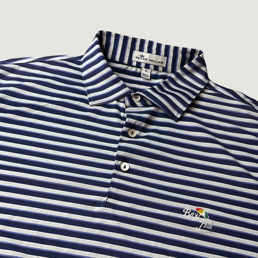 Peter Millar Polo Shirt Mens M MF18EK24S Navy White Striped Bay Hill Golf Sport